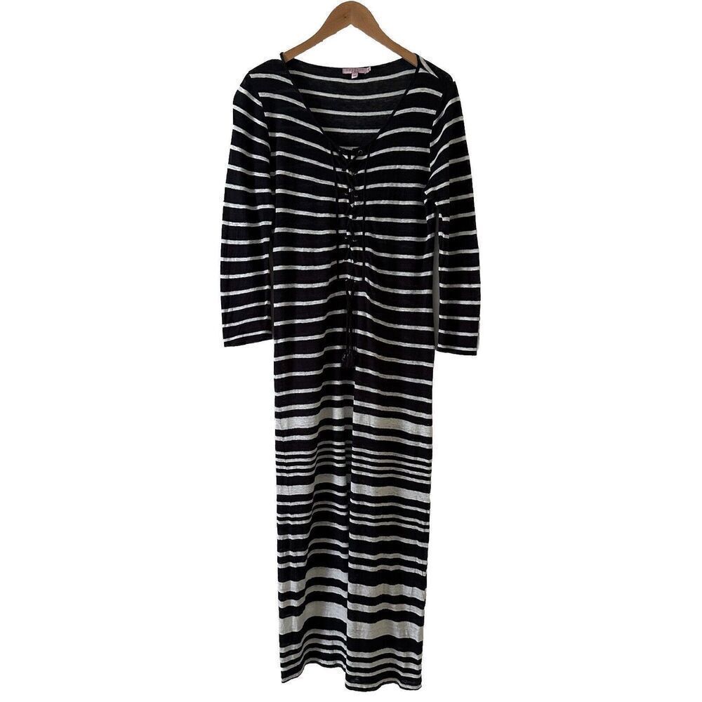 Calypso St. Barth 100% Linen Navy and White Striped Maxi Dress
